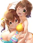  2girls ;d bare_shoulders bikini breasts brown_eyes brown_hair cleavage closed_mouth collarbone hair_between_eyes hair_bobbles hair_ornament highres honda_mio huge_breasts idolmaster idolmaster_cinderella_girls kon5283 large_breasts long_hair looking_at_viewer multiple_girls one_eye_closed open_mouth short_hair simple_background smile star_(symbol) striped striped_bikini swimsuit totoki_airi two_side_up v white_background white_bikini yellow_bikini 