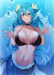  1girl :o against_glass air_bubble bangs bare_arms bare_shoulders blue_eyes blue_hair blue_nails blush breast_press breasts bubble cleavage collarbone cowboy_shot fingernails flower hair_between_eyes hair_flower hair_ornament head_fins highres large_breasts long_fingernails long_hair looking_at_viewer matsunoki_(unknown_751) mermaid monster_girl nail_polish navel open_mouth original solo stomach underwater very_long_hair white_flower 