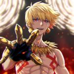  1boy armor bangs bare_shoulders blonde_hair blurry blurry_background chest chest_tattoo collarbone commentary_request depth_of_field dousunnen earrings eyebrows_visible_through_hair fate/zero fate_(series) gauntlets gilgamesh hair_between_eyes highres jewelry looking_at_viewer male_focus muscle necklace open_mouth red_eyes short_hair smile solo tattoo upper_body upper_teeth 