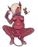  5_fingers areola belly breasts clitoris collar crouching female fingers fire_imp_(terraria) genitals hair hair_over_eye hi_res humanoid imp looking_at_viewer monstrous_humanoid navel nipples nude nyong_nyong one_eye_obstructed open_mouth orange_sclera pussy red_body sharp_teeth simple_background solo spade_tail spiked_collar spikes spread_legs spreading teeth terraria white_background yellow_eyes 
