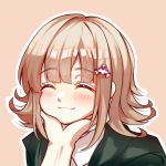  1girl bangs beige_background black_jacket blush brown_hair closed_eyes closed_mouth commentary_request danganronpa eyebrows_visible_through_hair face hair_ornament hairclip hand_on_another&#039;s_chin highres huo-yao_sama jacket nanami_chiaki out_of_frame shirt short_hair simple_background smile solo_focus spaceship_hair_ornament super_danganronpa_2 white_shirt 