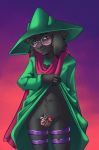  anthro balls black_body black_fur blush boss_monster bovid caprine chastity_cage chastity_device clothed clothing deijii deltarune eyewear fur genitals glasses hi_res long_ears looking_at_viewer male mammal penis ralsei red_eyes simple_background solo undertale video_games 