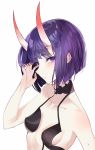  1girl bangs bare_shoulders blush bob_cut breasts closed_mouth collarbone crying_eye eyeliner fate/grand_order fate_(series) hand_in_hair highres horns looking_at_viewer makeup oni oni_horns purple_eyes purple_hair revealing_clothes short_hair shuten_douji_(fate/grand_order) simple_background skin-covered_horns small_breasts white_background 