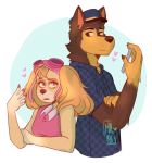  &lt;3 5_fingers absurd_res anthro anthrofied black_nose brown_body brown_fur brown_nails canid canine canis chase_(paw_patrol) checkered_shirt clothing collared_shirt colored_nails domestic_dog duo eyewear female fingernails fingers fur german_shepherd goggles goggles_on_head hat headgear headwear herding_dog hi_res holding_object humanoid_hands looking_at_another male mammal milkymatsu02 nails pastoral_dog pattern_clothing pattern_topwear paw_patrol pink_clothing pink_nails pink_shirt pink_topwear police_dog police_hat sharp_fingernails sharp_nails shirt signature simple_background skye_(paw_patrol) snout tan_body tan_fur topwear 