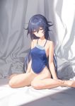  1girl backdrop bare_arms bare_legs bare_shoulders barefoot bed_sheet blue_camisole blue_eyes blue_hair bottomless breasts collarbone expressionless eyebrows_behind_hair fu_hua hair_between_eyes hands_on_own_legs highres honkai_(series) honkai_impact_3rd long_hair looking_down medium_breasts messy_hair no_bra no_panties parted_lips sitting solo spaghetti_strap tdc24 wariza 