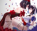  2girls backless_dress backless_outfit bare_shoulders black_hair blue_eyes blue_flower blue_gloves blue_hair blurry blurry_foreground blush depth_of_field dress eye_contact flower gloves hair_flower hair_ornament hair_ribbon halter_dress highres holding_hands honkai_(series) honkai_impact_3rd looking_at_another multicolored_hair multiple_girls petals red_eyes red_flower red_gloves red_hair ribbon seele_(alter_ego) seele_vollerei seele_vollerei_(stygian_nymph) side_slit smile sprygon thigh_strap two-tone_hair white_flower 