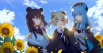  3girls ;d animal_ears arknights backlighting bear_ears belt beret black_choker black_jacket blonde_hair blue_eyes blue_hair brown_hair cardigan choker closed_mouth cloud day flower fur_trim gummy_(arknights) hair_ornament hairclip hat holding istina_(arknights) jacket long_hair looking_at_viewer multicolored_hair multiple_girls neckerchief off_shoulder one_eye_closed open_clothes open_jacket open_mouth orange_eyes outdoors owenhiruno parted_lips sailor_collar school_uniform sky smile streaked_hair sunflower twintails white_cardigan zima_(arknights) 