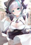  1girl absurdres alternate_costume animal_ears aqua_eyes aqua_hair azur_lane black_skirt blurry blurry_background blush bow breasts cat_ears cheshire_(azur_lane) cleavage closed_mouth cotton_kanzaki detached_sleeves dress eyebrows_visible_through_hair fang grey_hair hair_bow highres huge_breasts looking_at_viewer maid maid_headdress multicolored_hair puffy_detached_sleeves puffy_sleeves skirt solo thighhighs white_dress wind wind_lift wrist_cuffs 