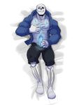  bodily_fluids bone clothing cum cum_on_face genital_fluids genitals hi_res hoodie humanoid laying_on_bed male masturbation muscular muscular_humanoid muscular_male penis sans_(undertale) skeleton solo topwear undertale unknown_artist video_games 