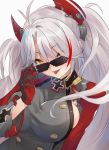  absurdres antenna_hair azur_lane bangs deal_with_it diieru headgear highres holding holding_eyewear iron_cross meme mlg multicolored_hair prinz_eugen_(azur_lane) red_hair silver_hair streaked_hair sunglasses swept_bangs tongue tongue_out two_side_up 