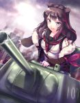  1girl animal_ears arknights bear_ears black_hair black_jacket blue_eyes cardigan fang fur-trimmed_jacket fur_trim ground_vehicle hand_up highres holding holding_weapon jacket long_hair long_sleeves military military_vehicle motor_vehicle multicolored_hair neckerchief off_shoulder open_mouth rock.fc sailor_collar school_uniform solo streaked_hair t-34 tank twintails upper_body weapon white_cardigan zima_(arknights) 