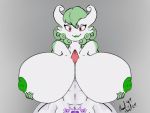  4:3 abs animated anthro big_breasts bodily_fluids breasts chest_spike curled_hair elmont female gardevoir green_hair green_lipstick hair huge_breasts humanoid hyper hyper_breasts lactating lipstick makeup mature_female nintendo pok&eacute;mon pok&eacute;mon_(species) projectile_lactation red_eyes self_groping short_playtime smile solo spikes video_games womb_tattoo 