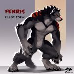  1:1 4_toes 5_fingers abs anthro biceps biped canid canine canis claws english_text fangs featureless_crotch fenris_(zephyxus) fingers fur grey_body grey_fur grey_tail male mammal multicolored_body multicolored_fur muscular muscular_anthro muscular_arms muscular_legs muscular_male nude paws pecs scar simple_background solo standing teeth text toe_claws toes white_body white_fur wolf zephyxus 