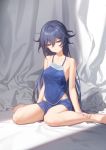 1girl backdrop bare_arms bare_legs bare_shoulders barefoot bed_sheet blue_camisole blue_eyes blue_hair blue_skirt breasts collarbone expressionless eyebrows_behind_hair fu_hua hair_between_eyes hands_on_own_legs highres honkai_(series) honkai_impact_3rd long_hair looking_down medium_breasts messy_hair no_bra parted_lips sitting skirt solo spaghetti_strap tdc24 wariza 
