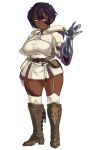  absurd_res big_breasts borvar breasts clothed clothing dark_skin female fully_clothed gesture hair hi_res human human_only mammal not_furry prosthetic prosthetic_arm prosthetic_limb purple_eyes purple_hair silvy_sharpbrim solo tattoo thick_thighs waving 