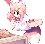  animal_ears black_eyes black_skirt box bread breasts bunny_ears bunny_girl bunny_tail button_gap buttons commentary eyebrows_visible_through_hair finger_to_mouth fiz_(fizintine) fizintine food hair_bun hair_ribbon heart holding large_breasts looking_down medium_hair miniskirt name_tag original pink_hair raised_eyebrows red_ribbon ribbon shirt short_sleeves sidelocks simple_background skirt table tail thighhighs thighs white_background white_legwear white_shirt zettai_ryouiki 