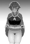  1girl absurdres anchor blush breasts closed_mouth commentary_request eyebrows_visible_through_hair greyscale groin hair_flaps hair_ornament highres jingei_(kantai_collection) kantai_collection large_breasts long_hair long_sleeves looking_down monochrome nikonikosiro no_panties nose_blush pubic_hair ribbon simple_background skindentation skirt skirt_lift solo sweat thighhighs 
