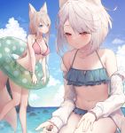  2girls animal_ears bare_shoulders bikini blue_bikini blue_eyes blue_sky blush breasts brown_hair cleavage closed_mouth cloud cloudy_sky collarbone commentary_request day fox_ears fox_girl fox_tail grey_hair highres holding horizon innertube jacket long_hair long_sleeves medium_breasts multiple_girls navel ocean off_shoulder open_clothes open_jacket original outdoors red_eyes side-tie_bikini sky sleeves_past_wrists smile standing standing_on_one_leg striped striped_bikini swimsuit tail tokuno_yuika transparent very_long_hair water white_jacket 