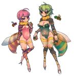  2_toes 5_fingers ahoge alternate_species animal_humanoid arthropod arthropod_abdomen arthropod_humanoid bee_humanoid big_breasts black_sclera breast_size_difference breasts brown_eyes claws cleavage clothed clothing duo eyelashes female fingers floating glistening glistening_clothing green_hair hair hi_res hornet_(terraria) humanoid humanoidized hymenopteran hymenopteran_humanoid insect insect_humanoid insect_wings leotard looking_at_viewer monotone_hair moss_hornet_(terraria) multicolored_body multicolored_skin navel neck_tuft nyong_nyong one-piece_swimsuit pink_hair purple_eyes short_hair simple_background skimpy slim small_breasts standing stinger stripes swimwear terraria tight_clothing toes tuft white_background wings yellow_stripes 