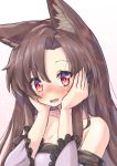  1girl :d animal_ears bare_shoulders blush brown_hair commentary_request fang frilled_sleeves frills hands_on_own_cheeks hands_on_own_face imaizumi_kagerou long_hair long_sleeves looking_at_viewer nose_blush onomiya open_mouth red_eyes skin_fang smile touhou wolf_ears 