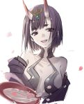  1girl alcohol bangs bare_shoulders blush bob_cut breasts cha_chazi collarbone cup fangs fate/grand_order fate_(series) headpiece horns japanese_clothes kimono long_sleeves looking_at_viewer oni oni_horns open_mouth petals purple_eyes purple_hair purple_kimono revealing_clothes sakazuki sake short_hair shuten_douji_(fate/grand_order) skin-covered_horns small_breasts smile wide_sleeves 