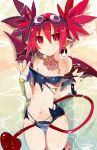  1girl alternate_costume bare_shoulders bat_wings beach bracelet breasts commentary cowboy_shot demon_girl demon_tail disgaea disgaea_rpg earrings etna eyebrows_visible_through_hair fang goggles goggles_on_head hair_between_eyes highres jewelry looking_at_viewer lying miyakawa106 navel on_back pointy_ears red_eyes red_hair school_swimsuit sidelocks skull_earrings small_breasts swimsuit tail torn_clothes twintails undressing wet wings 