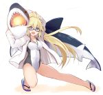  1girl blonde_hair blue_eyes breasts competition_swimsuit fate/grand_order fate_(series) glasses jacket jeanne_d&#039;arc_(fate)_(all) jeanne_d&#039;arc_(swimsuit_archer) long_hair looking_at_viewer medium_breasts one-piece_swimsuit open_clothes open_jacket ponytail pose red-framed_eyewear sandals sen_(astronomy) shark simple_background solo swimsuit twintails whistle whistle_around_neck white_background white_jacket white_swimsuit 