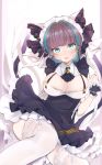  1girl animal_ears aqua_eyes aqua_hair azur_lane black_dress blue_eyes blush breasts cheshire_(azur_lane) cleavage detached_sleeves dress earrings emirio_(user_wmup5874) eyebrows_visible_through_hair fang garter_straps highres jewelry large_breasts looking_at_viewer maid_headdress multicolored_hair puffy_detached_sleeves puffy_sleeves purple_hair sitting skin_fang solo thighhighs white_dress white_legwear wrist_cuffs 