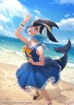  1girl bare_shoulders beach black_hair blonde_hair blowhole blue_dress blue_eyes blue_hair blue_sky blush bow bowtie commentary_request common_dolphin_(kemono_friends) dolphin_tail dorsal_fin dress eyebrows_visible_through_hair frilled_dress frills kemono_friends multicolored_hair namihaya official_art pleated_dress sailor_collar sand shoe_bow shoes short_hair sky sleeveless solo water white_frills wristband yellow_neckwear 