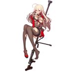  1girl ahoge alternate_costume anti-materiel_rifle blonde_hair blush bodysuit breasts collar covering covering_breasts damaged earrings evan_yang full_body garter_straps girls_frontline gun high_heels jacket jewelry large_breasts letter long_hair looking_at_viewer mouth_hold official_art pink_eyes ptrd-41 ptrd-41_(girls_frontline) rifle shoes single_shoe sniper_rifle solo torn_clothes transparent_background valentine very_long_hair weapon 