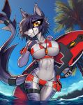  anthro beach bikini blue_hair blue_sky clothing female fish floatie hair hi_res lifeguard long_tail macmegagerc marine medic natali palm_tree purple_body purple_skin red_bikini sea seaside shark sky slim solo stripes swimwear tree water whistle white_body white_skin yellow_eyes 