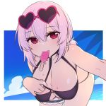  1girl azur_lane bangs bare_shoulders beach bikini black_bikini blue_sky blush breasts chan_co cleavage collarbone eyewear_on_head food hair_between_eyes heart heart-shaped_eyewear large_breasts leaning_forward looking_at_viewer low_twintails mouth_hold o-ring ocean popsicle red_eyes short_hair short_twintails sirius_(azur_lane) sirius_(midsummer_seirios)_(azur_lane) sky sunglasses swimsuit thigh_strap thighs twintails white_hair 