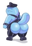  2018 ambiguous_gender amphibian anthro bdsm bdsm_gear blue_body blue_tail boots bubble_butt butt chaps clothing digital_media_(artwork) eroborus footwear harness hat headgear headwear hi_res leather leather_daddy looking_at_viewer looking_back nintendo one_eye_closed pok&eacute;mon pok&eacute;mon_(species) quagsire rear_view shadow simple_background smile solo standing video_games white_background wink zipper 