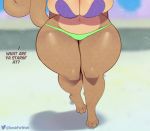  2020 4_toes anthro belly big_breasts bikini breasts brown_body brown_hair clothed clothing curvy_figure digital_media_(artwork) english_text feet female flower front_view hair headgear hi_res huge_thighs mammal navel nickelodeon paws plant rodent sandy_cheeks sciurid solo somescrub spongebob_squarepants swimwear text thick_thighs toes watermark wide_hips 