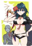  1boy 1girl bikini black_bikini blue_eyes blue_hair byleth_(fire_emblem) byleth_(fire_emblem)_(female) choco_c14 closed_mouth dagger dimitri_alexandre_blaiddyd fire_emblem fire_emblem:_three_houses fire_emblem_heroes flower garreg_mach_monastery_uniform hair_flower hair_ornament holding open_mouth sheath sheathed short_hair swimsuit uniform weapon 