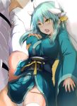  1boy 1girl against_wall aqua_hair aqua_kimono bangs blush breasts clothed_sex convenient_censoring dragon_horns fate/grand_order fate_(series) hair_ornament hetero highres horns japanese_clothes kimono kiyohime_(fate/grand_order) large_breasts leg_lift long_hair long_sleeves multiple_horns obi open_mouth pelvic_curtain sash sen_(astronomy) sex thighhighs thighs vaginal white_legwear wide_sleeves yellow_eyes 