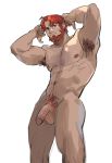  1boy abs alternate_hairstyle armpit_hair bara beard body_hair chest facial_hair fate/grand_order fate_(series) flaccid hands_on_own_head highres iskandar_(fate) looking_at_viewer male_focus manly muscle nipples nude pectorals penis pubic_hair sketch smile solo thighs upper_body yamariceball 