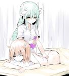  2girls ahoge aqua_hair ass bangs bed_sheet blush bottle breasts closed_mouth fate/grand_order fate_(series) fujimaru_ritsuka_(female) hair_ornament hair_scrunchie horns kiyohime_(fate/grand_order) large_breasts long_hair lotion low-tied_long_hair lying massage multiple_girls multiple_horns nude on_stomach one_side_up open_mouth orange_hair pillow scrunchie sen_(astronomy) shaded_face shirt short_hair short_sleeves smile white_shirt yellow_eyes 