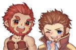  2boys beard blue_eyes blush brown_hair chest chibi cleavage_cutout collar commission couple epaulettes facial_hair fate/grand_order fate/zero fate_(series) fringe_trim goatee highres iskandar_(fate) jacket looking_at_viewer male_focus military military_uniform multiple_boys muscle napoleon_bonaparte_(fate/grand_order) open_clothes open_jacket open_shirt red_hair ritaa1607 sideburns smile unbuttoned uniform white_background 