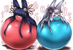  2017 ambiguous_gender animal_humanoid ball bell blue_eyes blush dialogue duo hair humanoid japanese_text long_hair satouminami silver_hair simple_background text white_background 