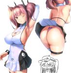  1girl alternate_costume areola_piercing arm_up armpits ass azur_lane bache_(azur_lane) bache_(showy_sports_star)_(azur_lane) back backboob bangs breasts bremerton_(azur_lane) brown_eyes cleavage cleavage_cutout closed_mouth covered_navel elbow_sleeve english_commentary headgear highres large_breasts long_hair miniskirt multicolored_hair one_eye_closed piercing pink_hair pleated_skirt shirt sideboob sidelocks skirt skirt_lift sleeveless sleeveless_shirt sportswear streaked_hair tennis_uniform thigh_strap thong twintails white_legwear wristband 
