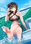  1girl absurdres ankle_ribbon arm_strap azur_lane bikini bikini_top black_bikini blue_wristband breasts cleavage day earrings echo_destiny fence front-tie_bikini front-tie_top georgia_(azur_lane) heterochromia highres jewelry large_breasts long_hair navel pool poolside ribbon solo star_(symbol) star_earrings swimsuit tankini thigh_ribbon tree 