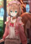  1girl absurdres animal_ears ayunda_risu beret brown_hair character_name collarbone green_eyes hat highres hololive hololive_indonesia jacket lamp looking_at_viewer low_twintails medium_hair smile solo squirrel_ears squirrel_tail tail thighhighs twintails virtual_youtuber 