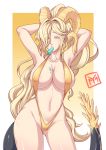  1girl absurdres armpits arms_behind_head arms_up bangs bare_shoulders blonde_hair breasts cleavage collarbone colored_eyelashes dragon_horns dragon_tail eyebrows_visible_through_hair food food_on_breasts high_ponytail highleg highleg_swimsuit highres horns in_mouth kulve_taroth large_breasts lips long_hair looking_at_viewer monster_hunter monster_hunter:_world navel one-piece_swimsuit personification pointy_ears ponytail popsicle signature skindentation slingshot_swimsuit smile solo swimsuit tail very_long_hair wavy_hair yamanata yellow_eyes yellow_swimsuit 