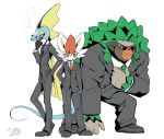  3boys adjusting_neckwear ahoge animal_ears artist_name black_gloves black_jacket black_pants blue_neckwear bunny_ears cigarette cinderace closed_mouth clothed_pokemon commentary_request formal full_body furry gen_8_pokemon glasses gloves green_hair green_neckwear grey_footwear half-closed_eyes hand_in_pocket hand_on_hip hand_up happy heel_up highres holding huge_ahoge inteleon jacket jpeg_artifacts lizard_tail long_sleeves looking_to_the_side male_focus mouth_hold multiple_boys necktie pants pince-nez pokemon pokemon_(creature) red_hair red_neckwear rillaboom shirt shoes short_hair shourin_bonzu signature simple_background smile smoke smoking standing suit sunglasses tail white_shirt yellow_eyes 