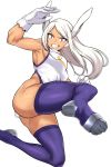  1girl absurdres animal_ears arm_up armpits ass attack bare_arms boku_no_hero_academia bunny_ears bunny_tail fur_collar gloves grin highleg highleg_leotard highres incoming_attack kicking kook leotard long_hair looking_at_viewer mirko motion_blur purple_legwear rabbit_girl red_eyes simple_background smile solo superhero tail teeth thighhighs v-shaped_eyebrows white_background white_hair white_leotard 