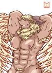  abs anthro azazel_(tas) blonde_hair bovid caprine digital_media_(artwork) furryart genitals goat hair hi_res horn humanoid kemono male mammal muscular muscular_male nipples penis red_panda_mirr simple_background smile solo tokyo_afterschool_summoners video_games 