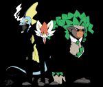 3boys adjusting_neckwear ahoge animal_ears artist_name black_background black_gloves black_jacket black_pants black_theme blue_neckwear bunny_ears cigarette cinderace closed_mouth clothed_pokemon commentary_request formal full_body furry gen_8_pokemon glasses gloves green_hair green_neckwear grey_footwear half-closed_eyes hand_up happy heel_up highres holding huge_ahoge inteleon jacket jpeg_artifacts lizard_tail long_sleeves looking_to_the_side male_focus mouth_hold multiple_boys necktie pants pince-nez pokemon pokemon_(creature) red_hair red_neckwear rillaboom shirt shoes short_hair shourin_bonzu signature simple_background smile smoke smoking standing suit sunglasses tail white_shirt yellow_eyes 