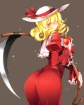  1girl absurdres apple ass blonde_hair breasts curly_hair dress drill_hair elly food fruit grey_background hair_over_one_eye hat hat_ribbon highres large_breasts looking_at_viewer pointy_ears raptor7 red_dress ribbon scythe simple_background solo touhou touhou_(pc-98) twin_drills white_headwear yellow_eyes 