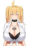  1girl ahoge bangs black_bra blonde_hair blush bra bra_through_clothes breasts choker cleavage closed_eyes collared_shirt eyebrows_visible_through_hair hair_between_eyes heart highres huge_breasts kirome_(kamipaper) long_hair open_mouth original saaya_(kirome) shirt skull_necklace smile solo tied_shirt twintails unbuttoned unbuttoned_shirt underwear white_shirt 